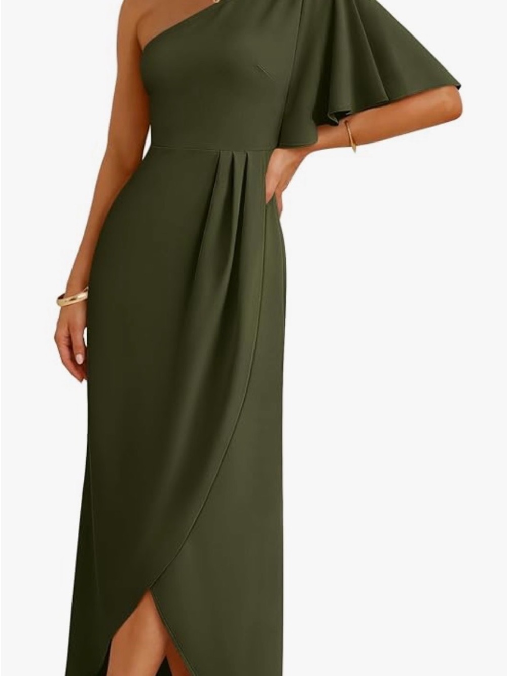 Draped One-Shoulder Olive Green Maxi Dress